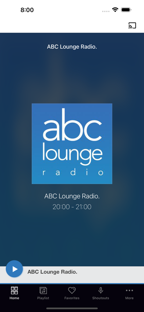 ABC Lounge Radio. - Schermata principale dell'app mobile ABC Lounge Radio con interfaccia player minimalista