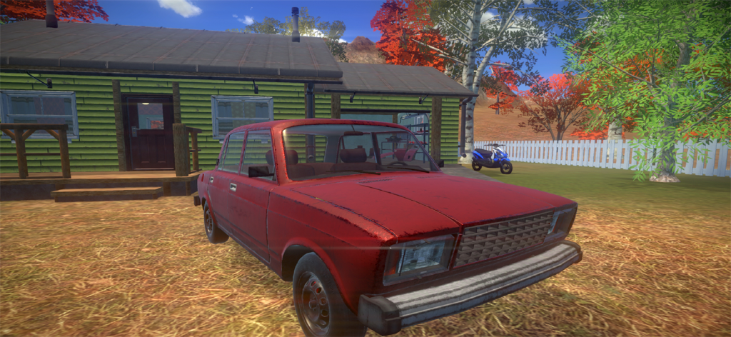 My Real Car 시뮬레이션 게임에서 나무집 앞에 주차된 빨간색 빈티지 자동차