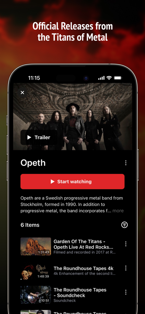 Thunderflixアプリのインターフェース。Opethのバンドページを表示し、公式コンサートフィルムやドキュメンタリーのリストを示しています。