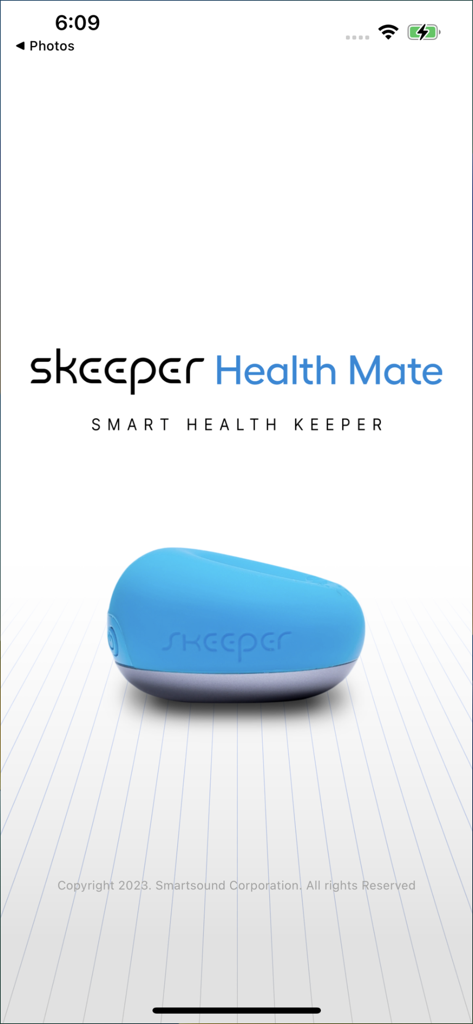 Schermata di avvio dell'app Skeeper Health Mate che mostra il dispositivo stetoscopio intelligente SM-300