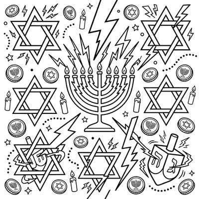 Get ready for a dazzling Hanukkah with this vibrant coloring page designed especially for kids! It combines traditional symbols like menorahs and dreidels with energetic lightning bolts for an electrifying creative experience.
