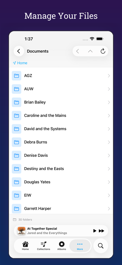 MiniMoon Music - Pantalla de gestión de archivos de música local en la interfaz de la aplicación MiniMoon Music