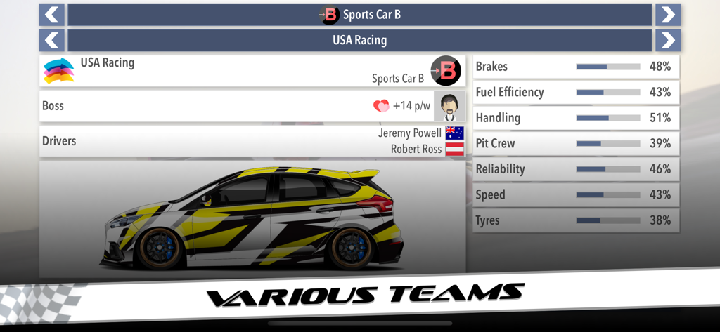 Motorsport Superstar - A team management screen in Motorsport Superstar showing USA Racing statistics and a customized sports car.