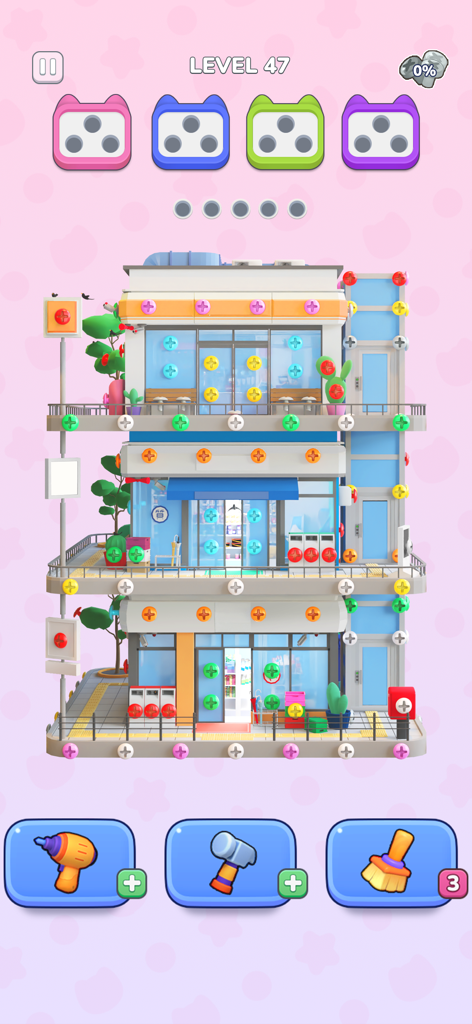 A 3D building puzzle level in 3D Bolt Master showing colorful screws and sorting bins.