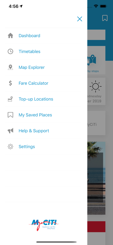 Side navigation menu of the MyCiTi app showing features like timetables and fare calculator