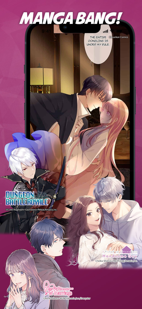 Manga Bang 앱 인터페이스에 표시된 만화 및 웹툰 타이틀 모음