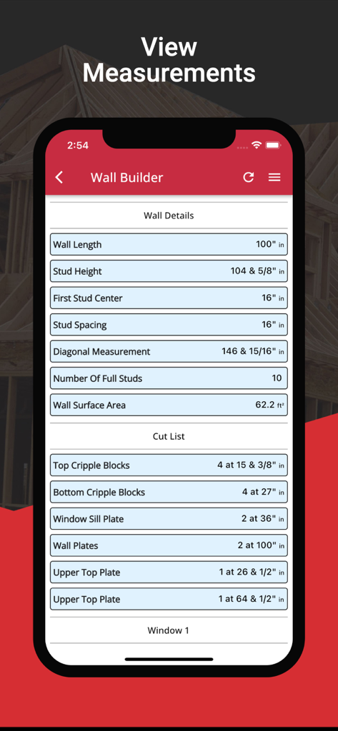 Interfaccia dell'app RedX Walls che mostra dettagli di costruzione del muro e una precisa lista di taglio dei materiali