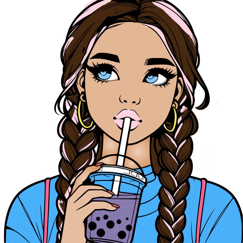 realistic girl with braided hair drinking boba