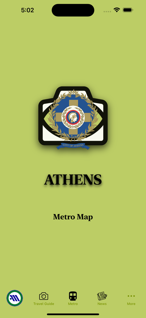 Athens Subway Map - Schermata iniziale dell'app Mappa Metropolitana di Atene con lo stemma della Città di Atene e icone di navigazione