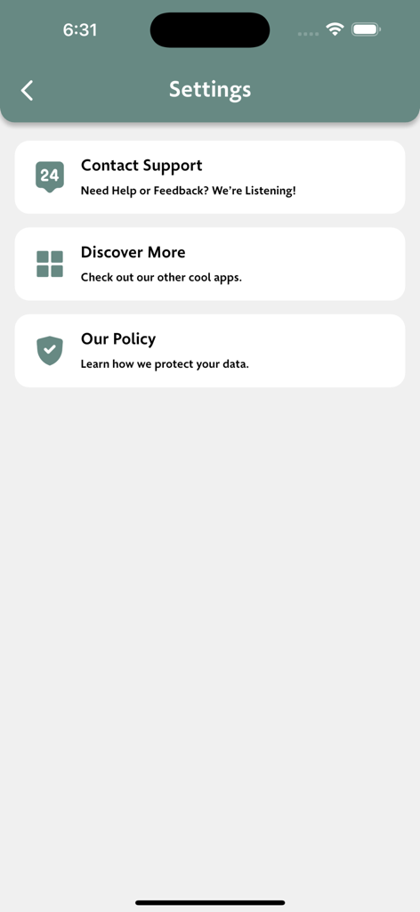 Settings screen of the Blood Group Type Finder app showing options for support, discover more, and privacy policy