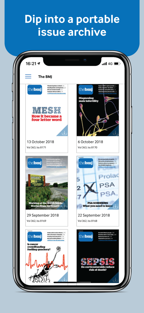 The BMJ - The BMJ mobile app displaying a portable archive of past medical journal issues