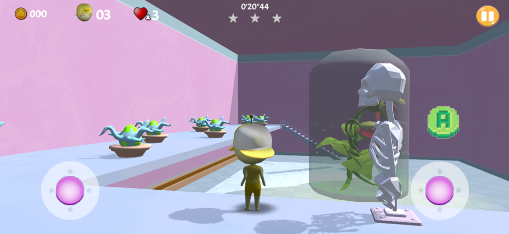 Monster School Breakout Obby - A character explores a science lab with a skeleton and a monster plant in the Monster School Breakout Obby game