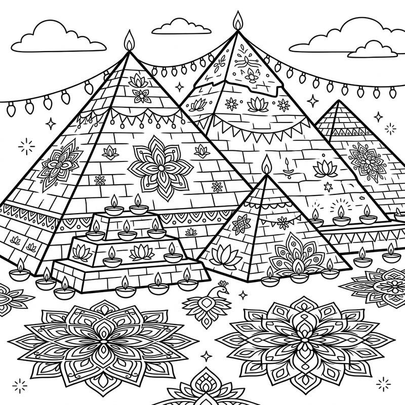 Embark on a unique coloring adventure where ancient pyramids meet the vibrant celebrations of Diwali. Designed with clear, large outlines, this page offers a joyful and relaxing artistic experience perfect for seniors.