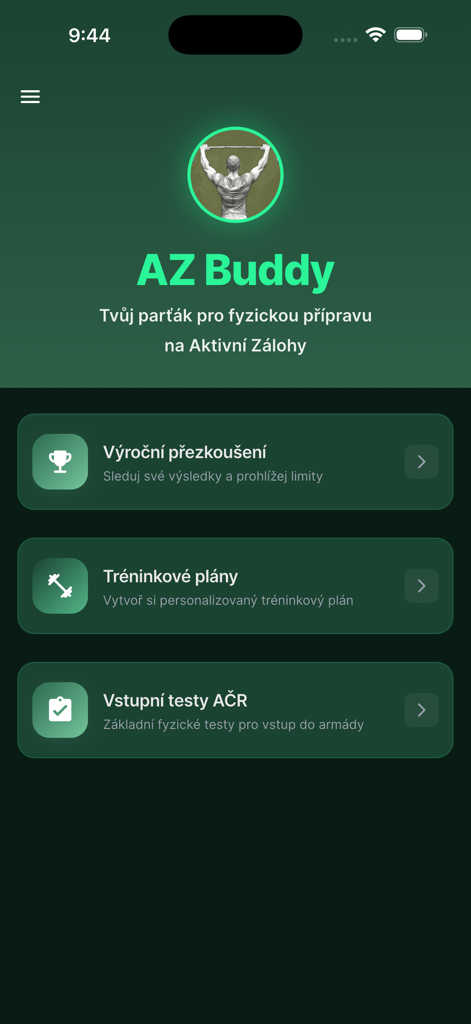 AZ Buddy app home screen featuring military fitness test categories and training plans