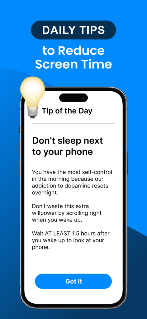 BePresent: Screen Time Control - Uma tela de dica diária do aplicativo BePresent recomendando não dormir perto do telefone para reduzir o tempo de tela e preservar a força de vontade matinal.
