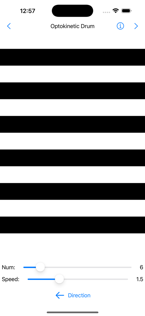 EyeMate - Digital optokinetic drum screen in the EyeMate app with adjustable black and white horizontal stripes for eye movement testing.