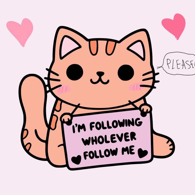 cat with a sign that says i’m following whoever follows me