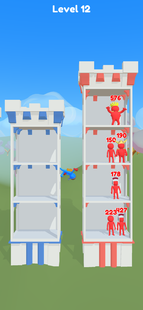 Push Tower - Gameplay screenshot of Push Tower showing a blue character jumping from a blue tower to attack numbered red enemies in a taller tower