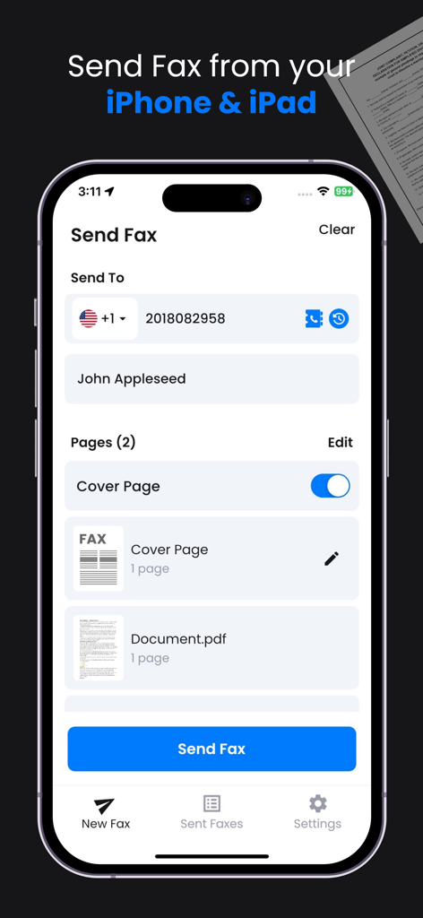 Fax Unlimited - Send Fax - Interface of the Fax Unlimited mobile app on an iPhone showing the send fax screen with recipient details and document attachment options.