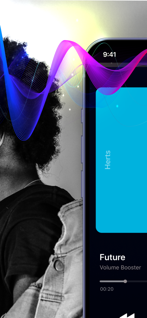 Volume Booster for Spotify - Interfaz de smartphone de la aplicación Volume Booster para Spotify con ondas de sonido coloridas y vibrantes y controles del reproductor de música