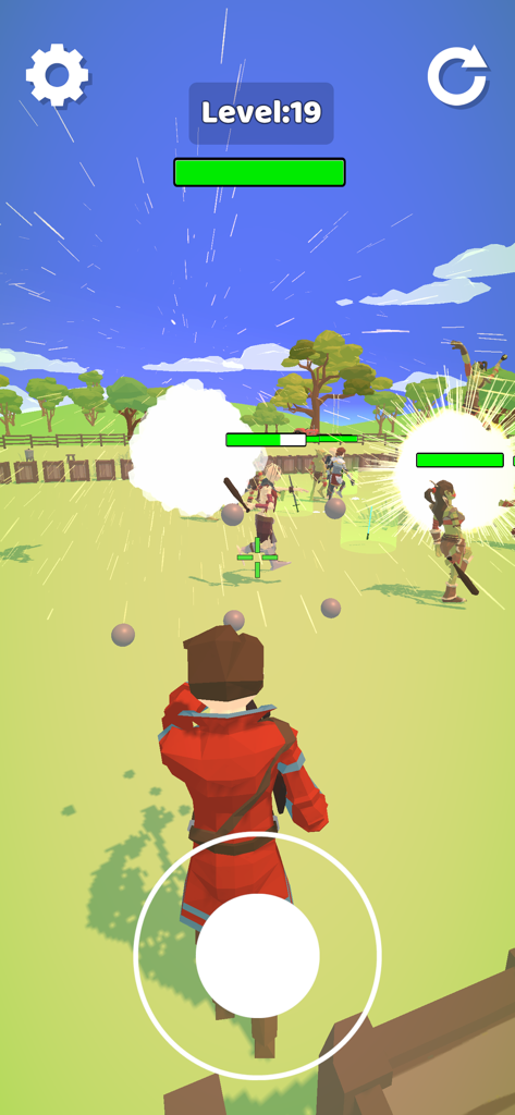 Ragdoll Arena - Third-person gameplay view of a character in red fighting enemies in an open field in Ragdoll Arena.