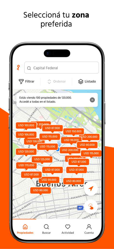 Zonaprop - Zonaprop app map view showing real estate property prices in Buenos Aires