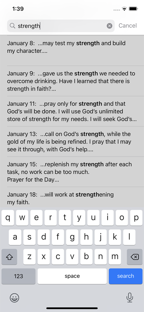 A search interface within the Twenty-Four Hours a Day app showing daily meditation results for the word strength.
