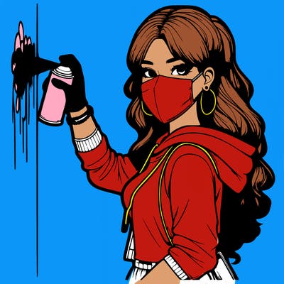 realistic girl with mask spray painting a wall