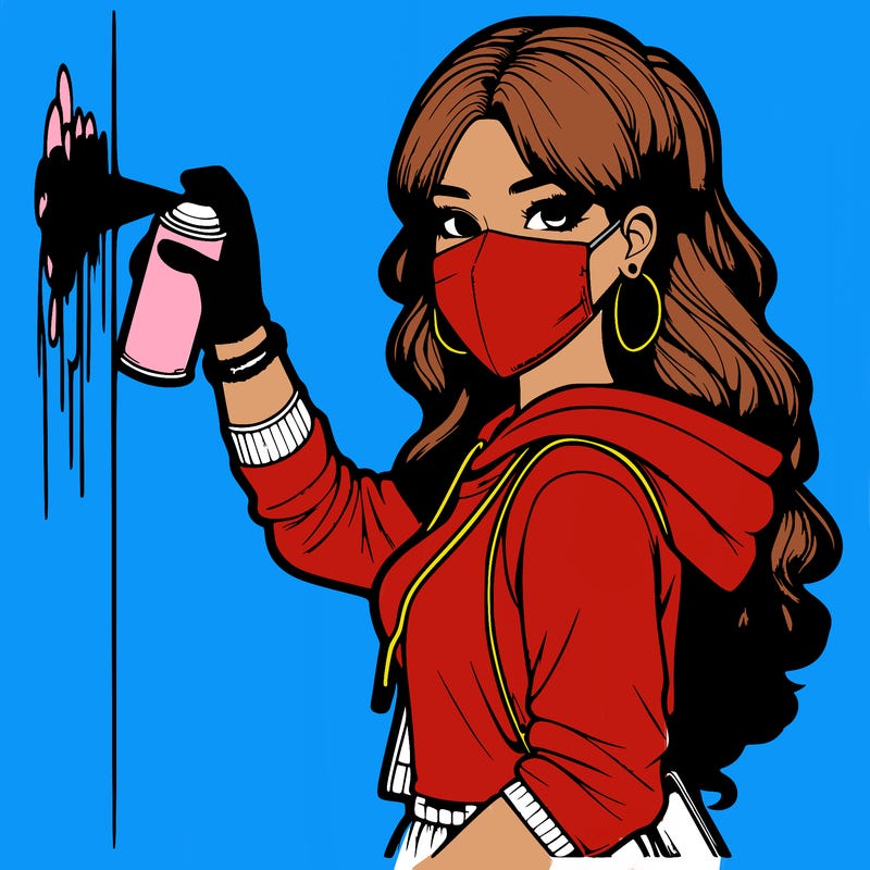 realistic girl with mask spray painting a wall