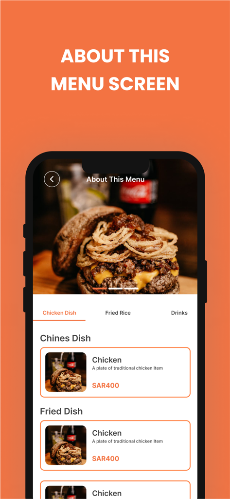 Catch-App-Menübildschirm zeigt Hähnchengerichte und Preise