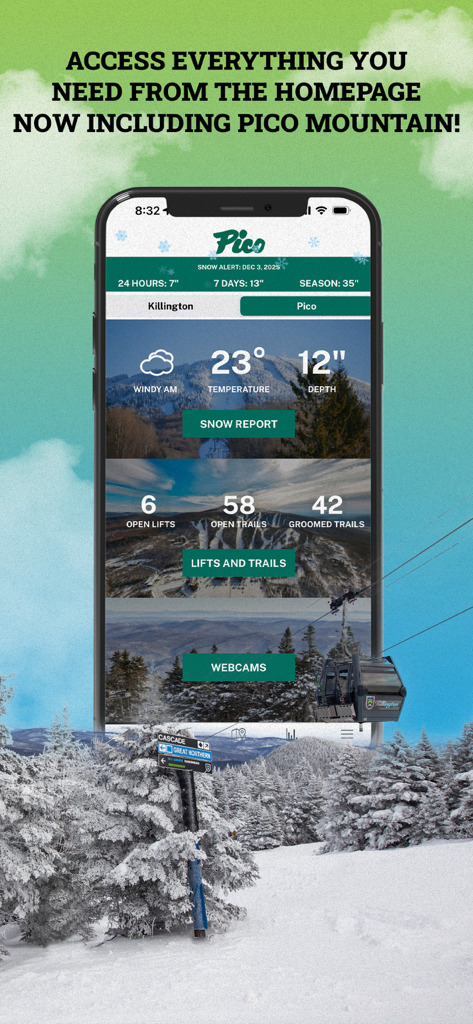 Killington Resort - Killington Resort app homepage displaying Pico Mountain snow report and lift status