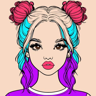 realistic girl with two buns in hair and lips