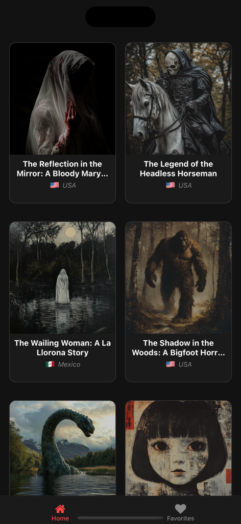 Horror Stories International - A library of global horror stories and urban legends featuring atmospheric cover art and country flags on a dark mobile interface.