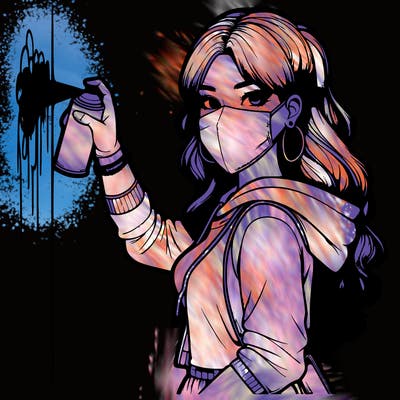 realistic girl with mask spray painting a wall