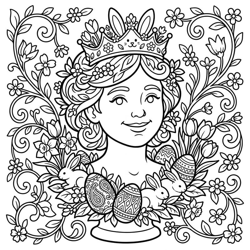 Step into a world of spring enchantment with this captivating Easter portrait coloring page. Adorned with charming bunnies, intricately patterned eggs, and an array of fresh blossoms, this design offers a delightful creative escape for all ages.