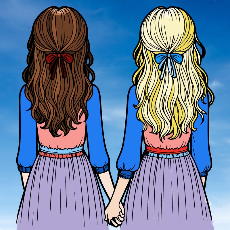 two realistic looking girls standing with backs facing the paper and they are holding hands