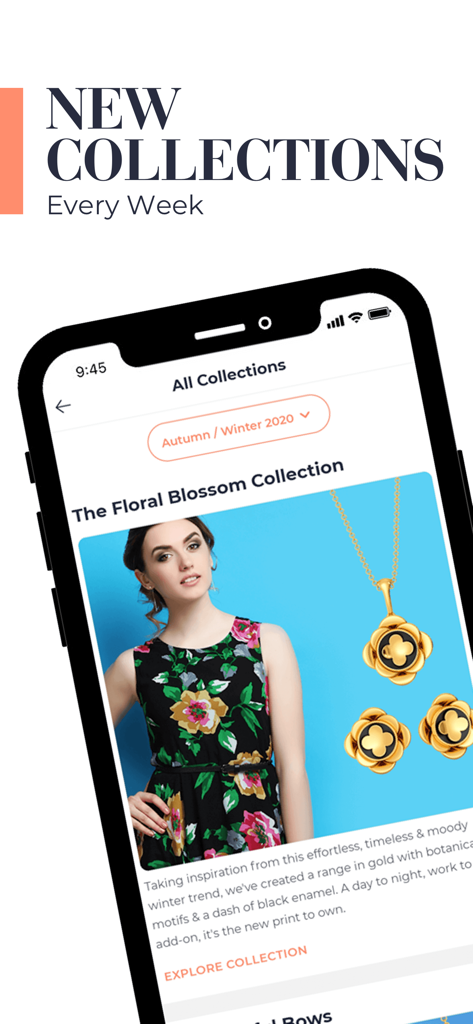 Un smartphone mostrando la pantalla de nuevas colecciones de joyería de la aplicación Melorra con joyería de oro temática floral.
