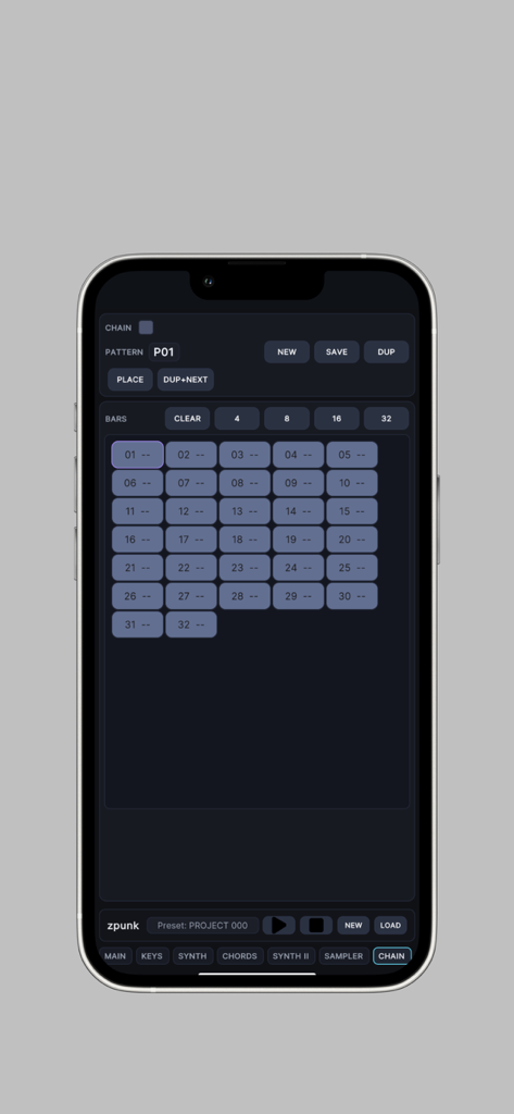 zpunk - Interfaz de encadenamiento de patrones de la groovebox móvil zpunk para la organización de canciones