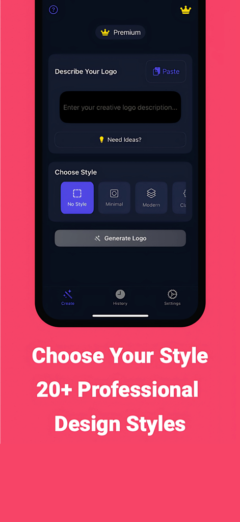 AI Logo Maker - Flux Design - AI Logo Maker app interface showing the style selection screen with options like Minimal and Modern