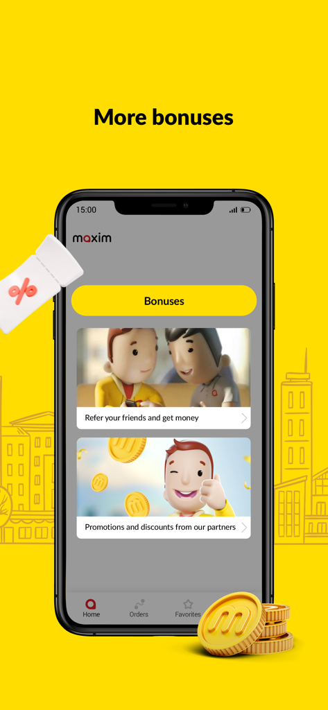 Interfaz de la app de taxis Maxim que muestra bonificaciones por referidos y descuentos de socios para los usuarios