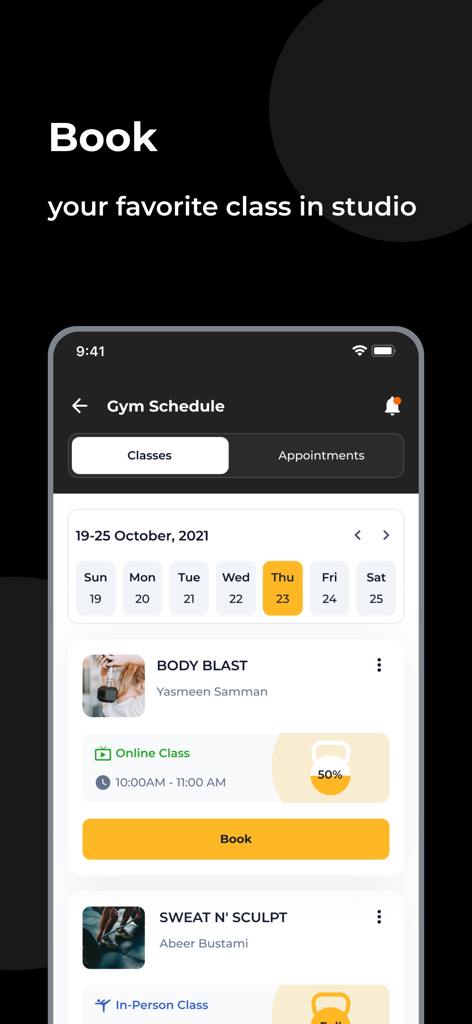 Glory GYM - Interface of the Glory GYM app showing a fitness class schedule and booking button
