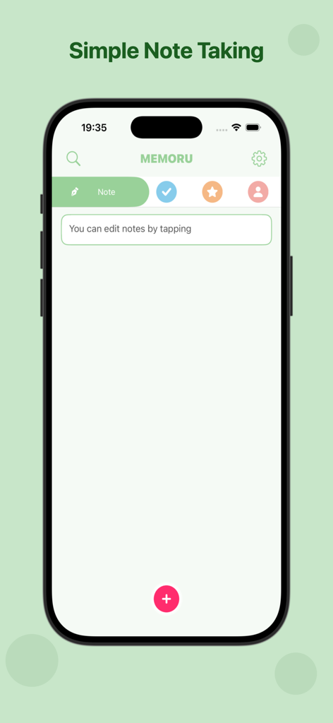 MEMORU / Simple Note App - Captura de pantalla de la interfaz de la app MEMORU mostrando la función simple de tomar notas en un iPhone con un fondo verde limpio.