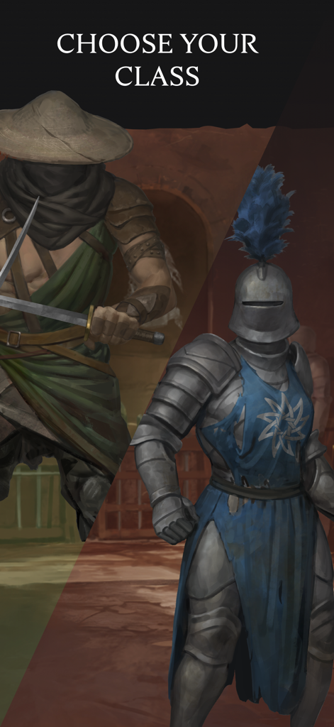 Eldrum: Black Dust - Text RPG - Character selection screen featuring a rogue and a knight in Eldrum Black Dust