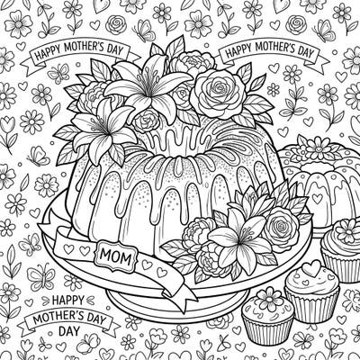 Celebrate Mother's Day with this charming coloring page featuring an elaborately decorated Bundt cake. It's a sweet and creative way to show appreciation through artistic expression.