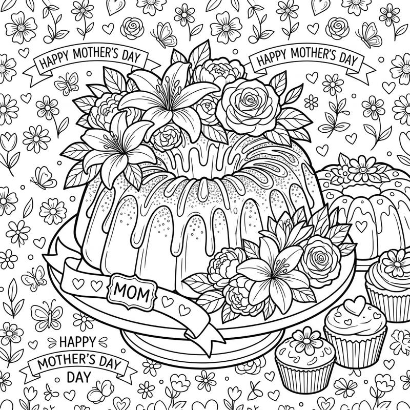 Celebrate Mother's Day with this charming coloring page featuring an elaborately decorated Bundt cake. It's a sweet and creative way to show appreciation through artistic expression.