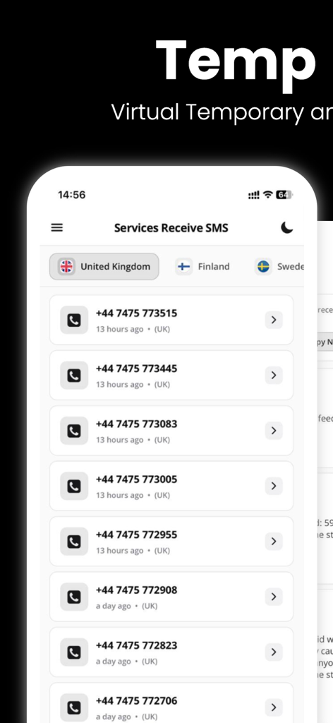 Temp Number - Receive SMS - App screen showing virtual United Kingdom phone numbers for receiving SMS verification
