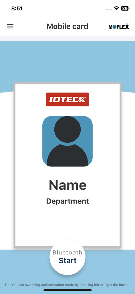 Moflex - Moflex app interface displaying a digital mobile access card with a Bluetooth start button