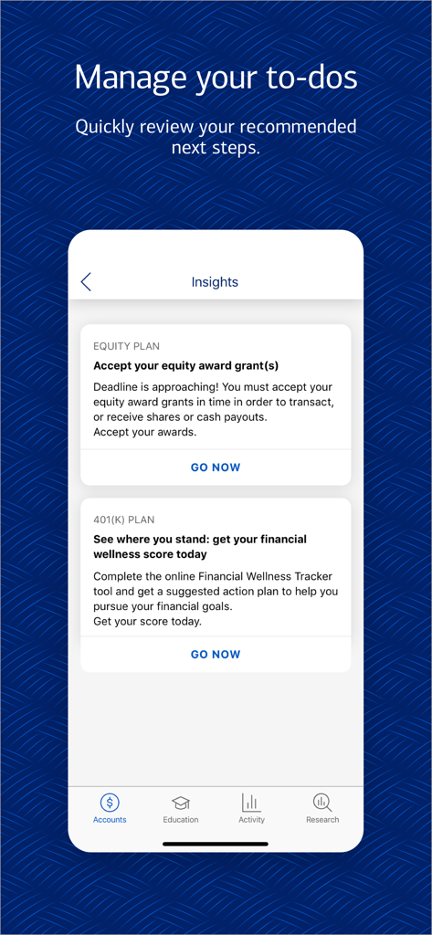 모바일 앱 화면은 주식 및 퇴직 계획에 대한 권장 재정적 할 일 목록을 표시합니다.