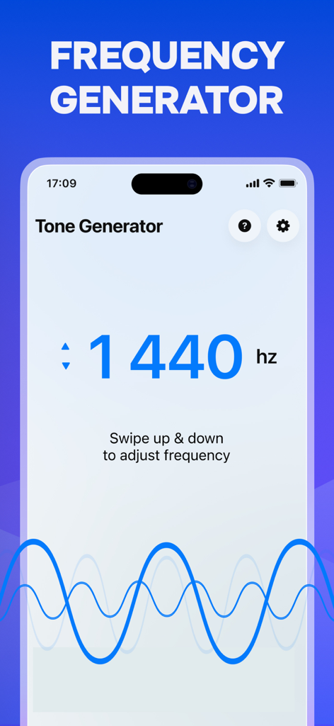 Water Eject ‒ Speaker Cleaner - Un'interfaccia mobile per la funzione Generatore di Toni nell'app Water Eject che mostra 1440 Hz con visualizzazioni di onde sonore.