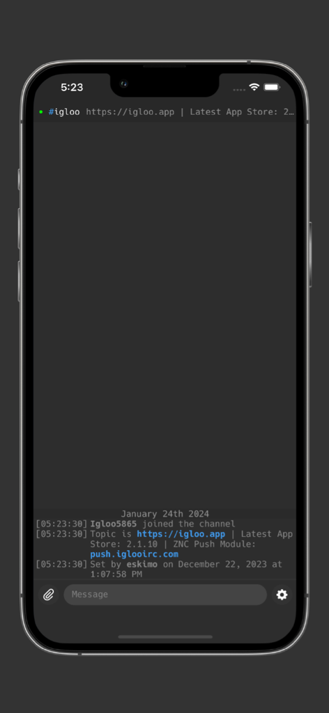 Igloo IRC client mobile chat interface with dark theme
